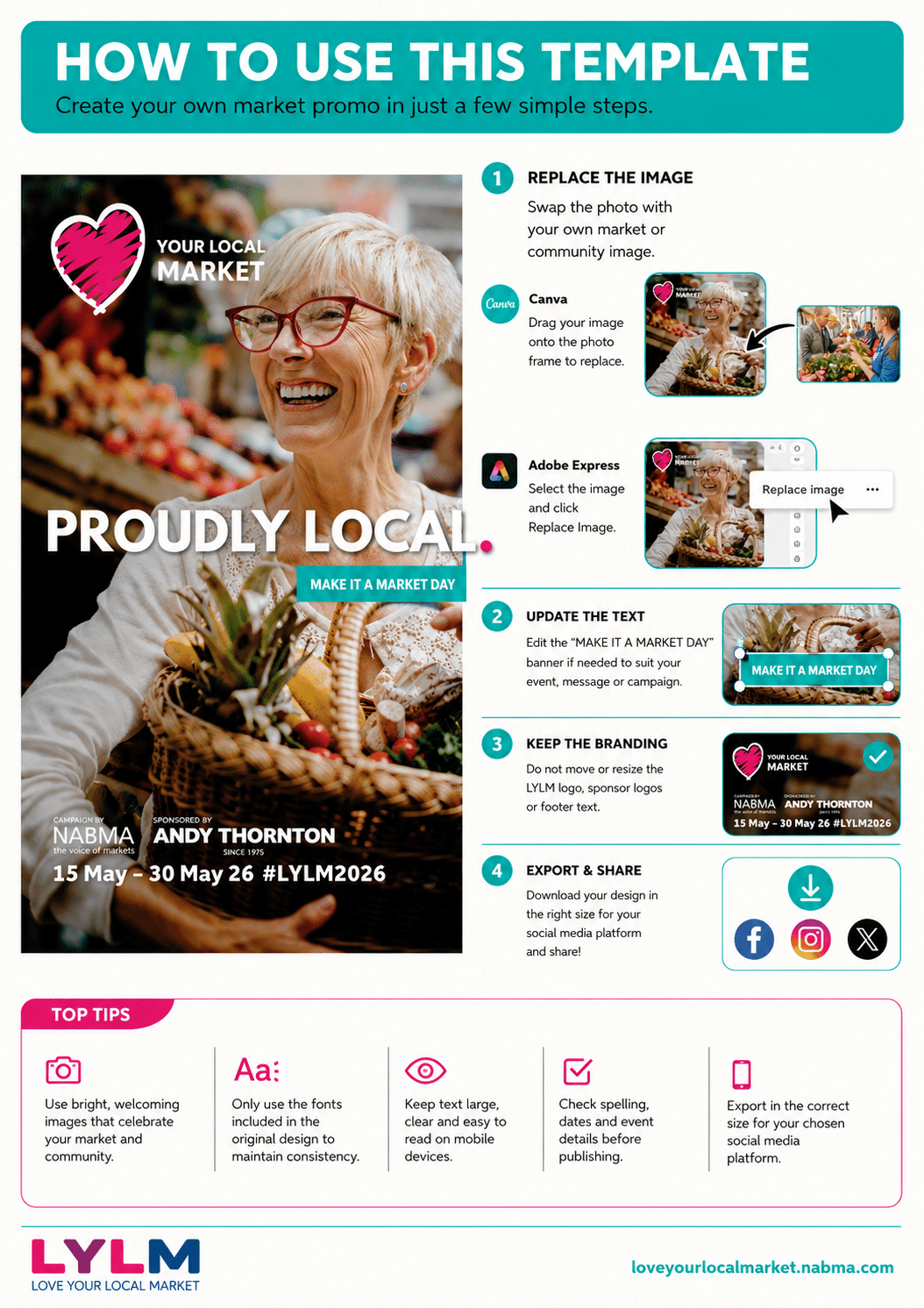 How to use this template guide showing how to replace images, update text, keep the LYLM branding and export for social media.